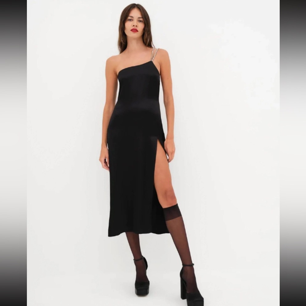For Love And Lemons Black One-Shoulder Midi Dress with Chain Strap